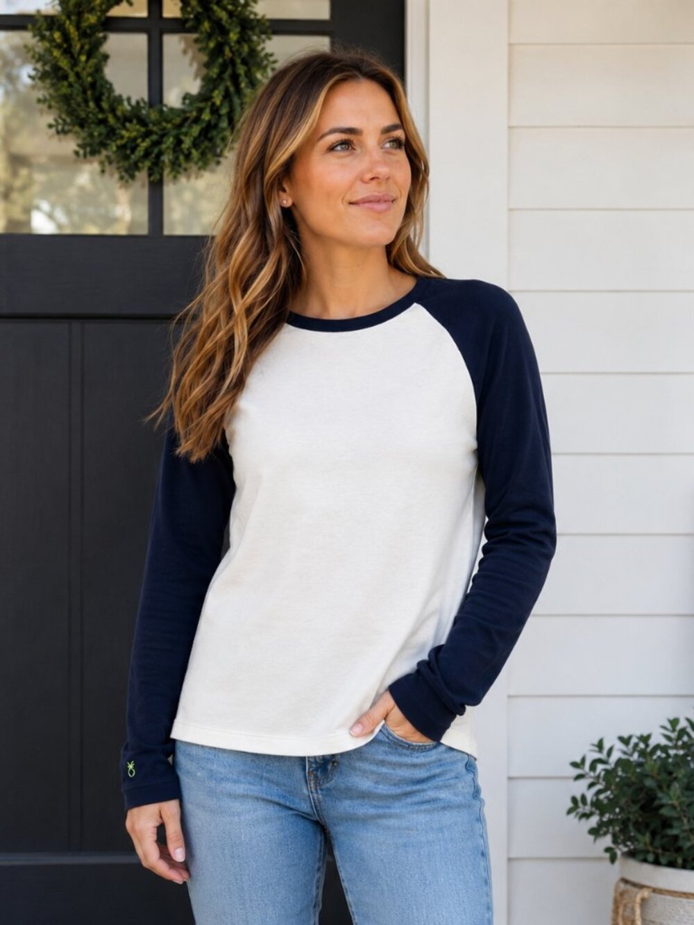 Dudley Stephens (Tuckernuck) Terry Fleece Baseball Raglan Sweatshirt Navy Cream